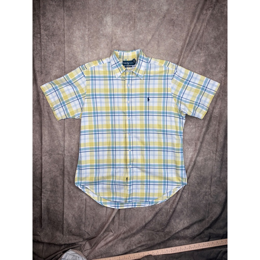 Ralph Lauren Mens Large Classic Fit Plaid Short Sleeve Button Down Shirt Yellow